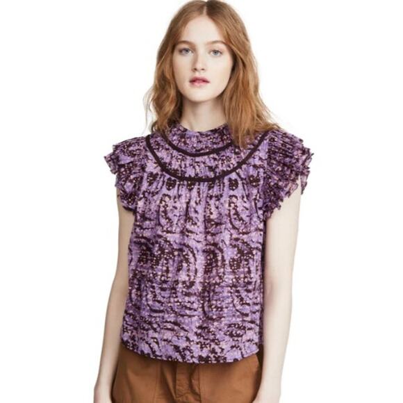 ULLA JOHNSON Amai Blouse Purple Batik Top Size 2 Small Flutter Sleeve Boxy - Picture 12 of 15